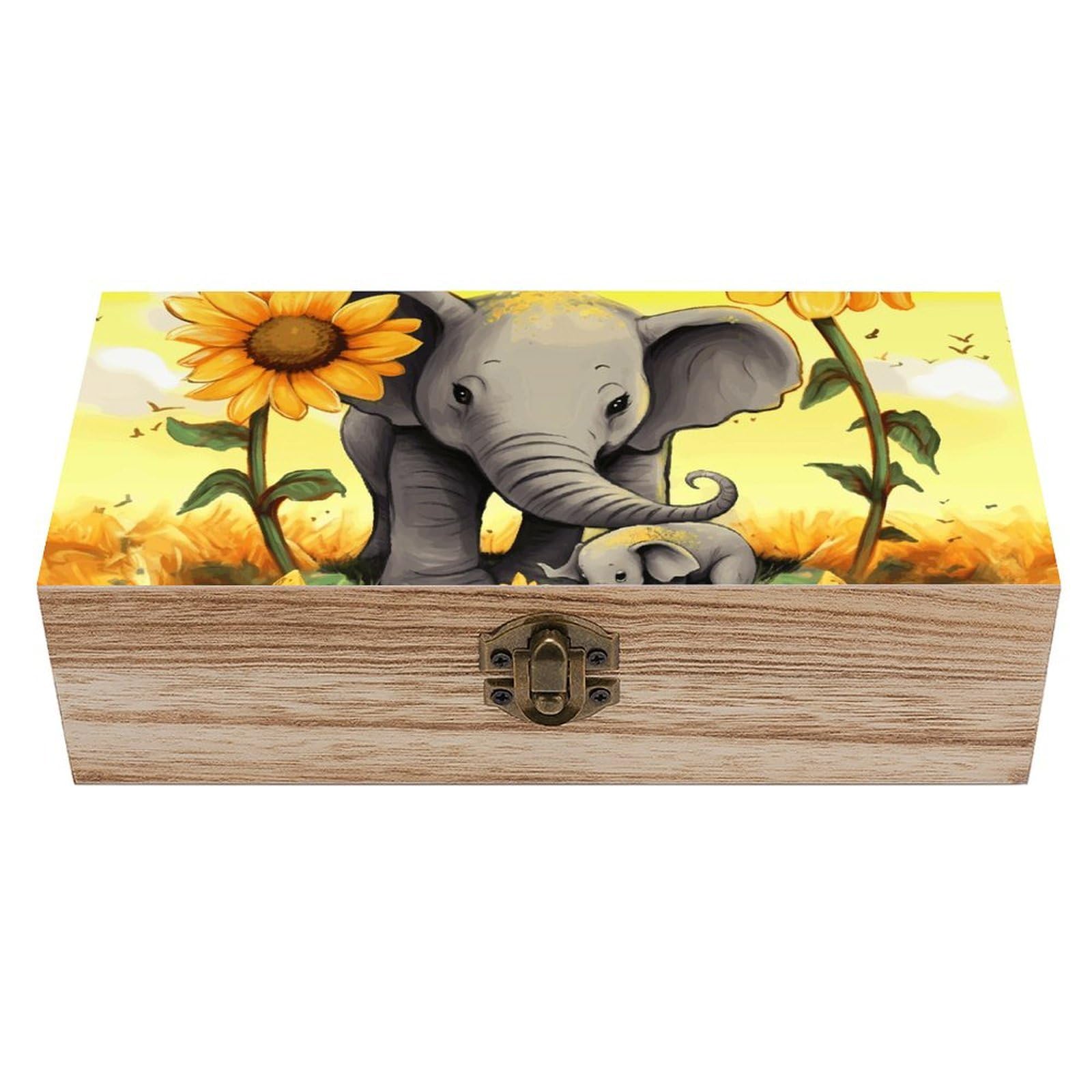 Wooden Storage Box Mother And Baby Elephant Sunflowers Wood Gift Box with Hinged Lid Vintage Decorative Jewelry Boxes Memory Box for Jewelry Art Hobbies Home Storage Treasure Keepsake Gift 7.9''x3.9''