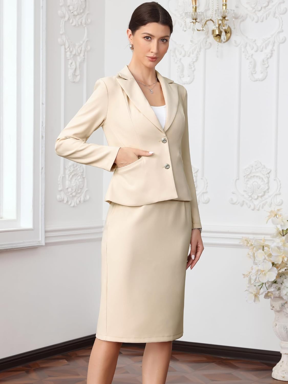 Allegra K 2 Piece Suit Skirt Set for Women Long Sleeve Blazer Pencil Skirt Suits Formal Work Business Outfits - Image 4