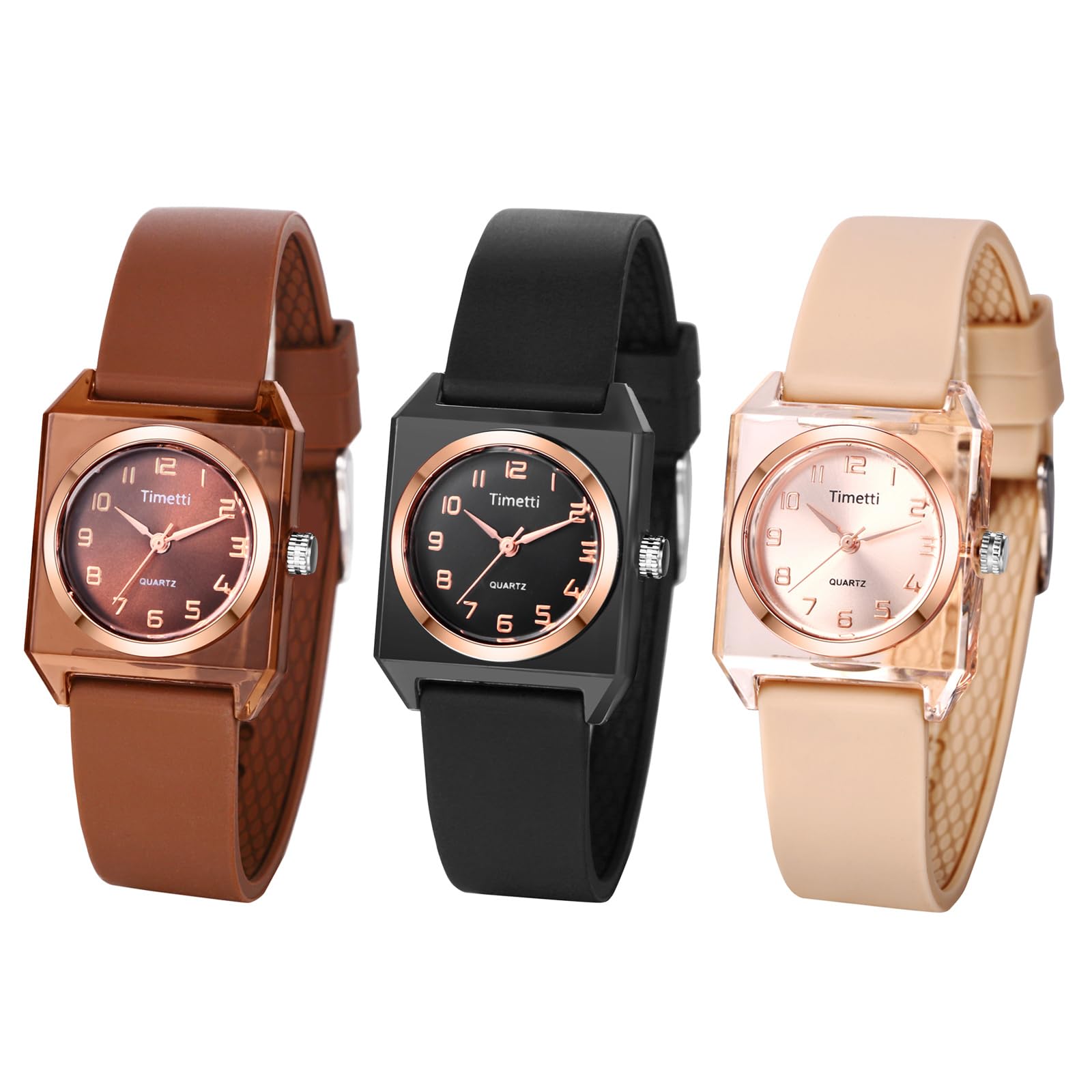 JewelryWe Zegarek damski, silikonowy, kwadratowy, 3-częściowy zestaw prostych, małych, analogowych zegarków kwarcowych, damski pasek silikonowy, sportowy, z prostokątną obudową i dużymi cyframi