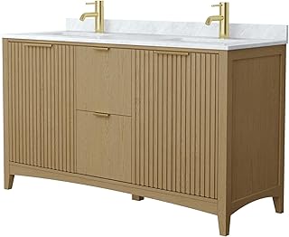 Wyndham Collection Palmilla 60 Inch Double Bathroom Vanity in Natural Oak, White Carrara Marble Countertop, Undermount Square Sinks, Brushed Gold Trim