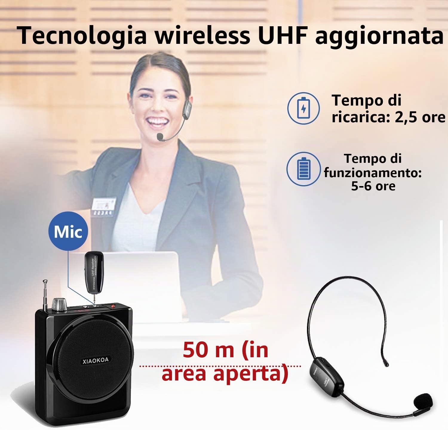 Wireless Microfono,UHF Microfono Senza Fili, 50 m Di Trasmissione Wireless,Archetto e Palmare 2-in-1,per Guida Turistica/Insegnamento/Promozione/Discorso