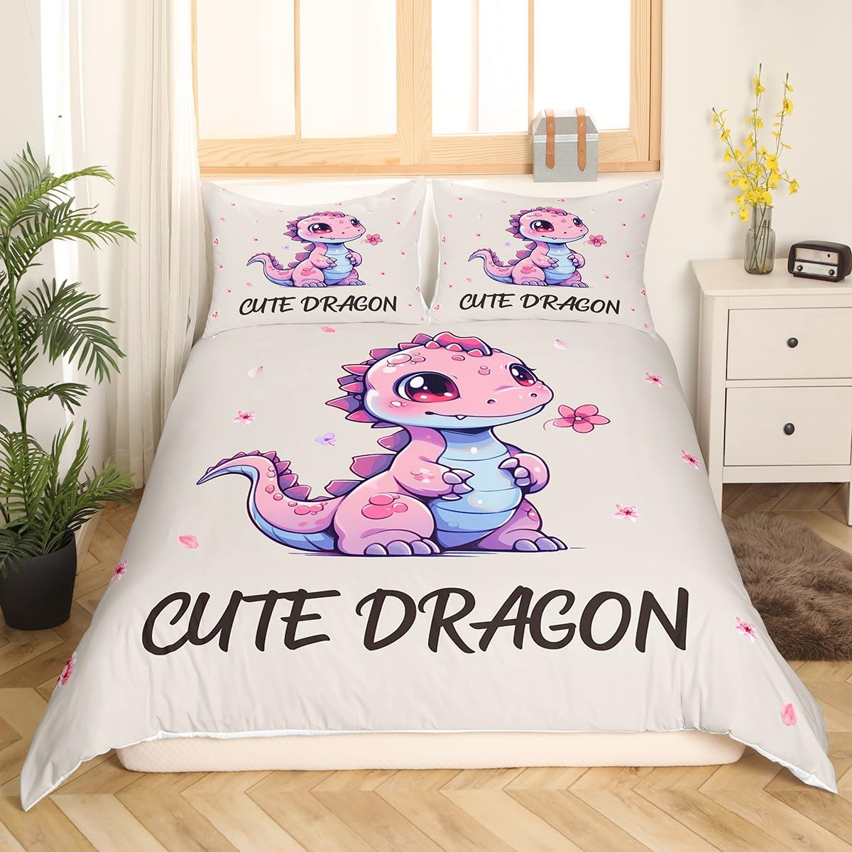 Cute Dragon Duvet Cover Set King Size Pink Kawaii Dragon Animal Bedding Set for Kids Teens Room Decor Falling Cherry Floral Comforter Cover Beige Brown Quilt Cover,2 Pillowcases(No Comforter)
