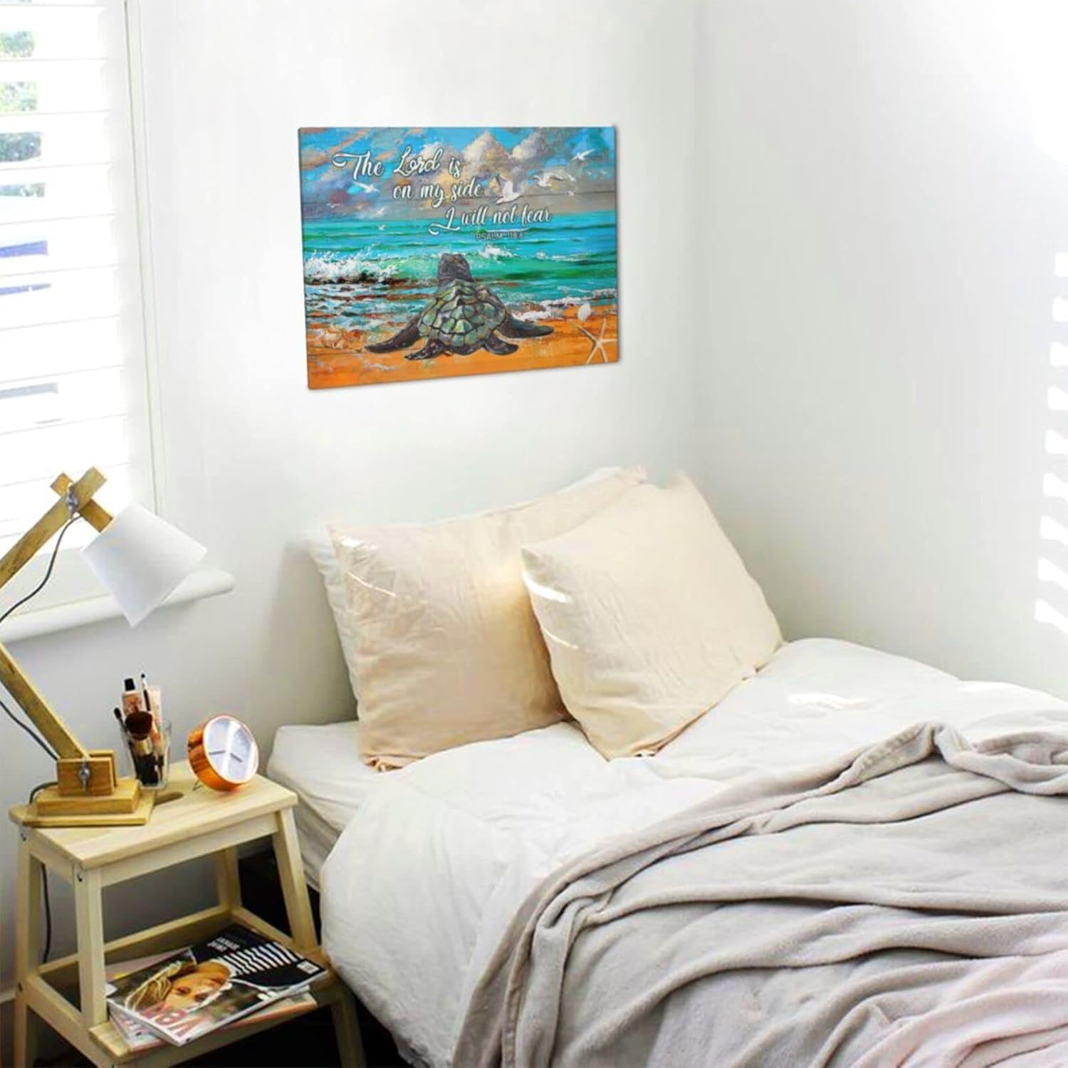 Sea Turtle Bathroom Wall Art Coastal Beach Blue Ocean Decor Canvas for Wall Colorful Turtle Pictures for Bedroom Living Room Office Framed Quotes The Lord Is on My Side I Will Not Fear 16"x12"