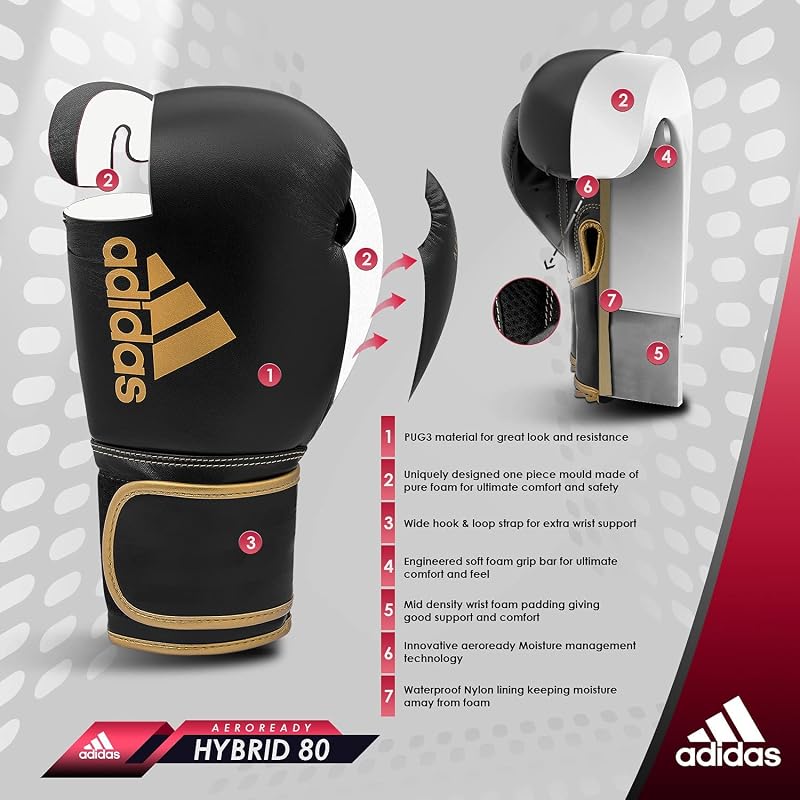 Guantes de boxeo Adidas Hybrid 80 – Guantes de boxeo para adultos para hombres y mujeres – Guantes de saco pesado, guantes de kickboxing para mujeres, guantes de sparring MMA, guantes de saco de boxeo para hombres