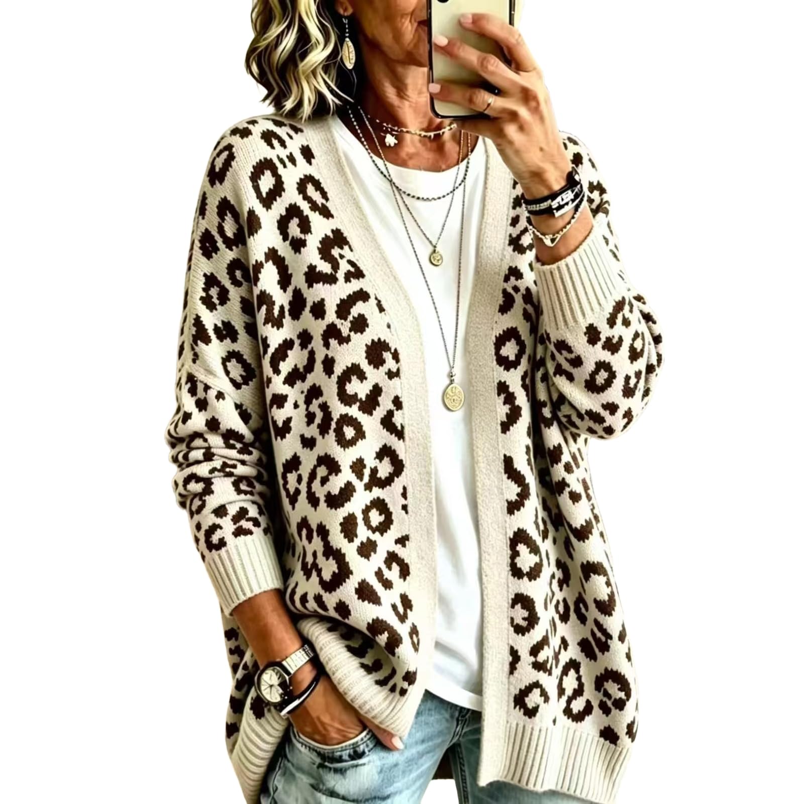 Strickjacke Damen Elegant Leopard Strickjacken Winter Strick Cardigan