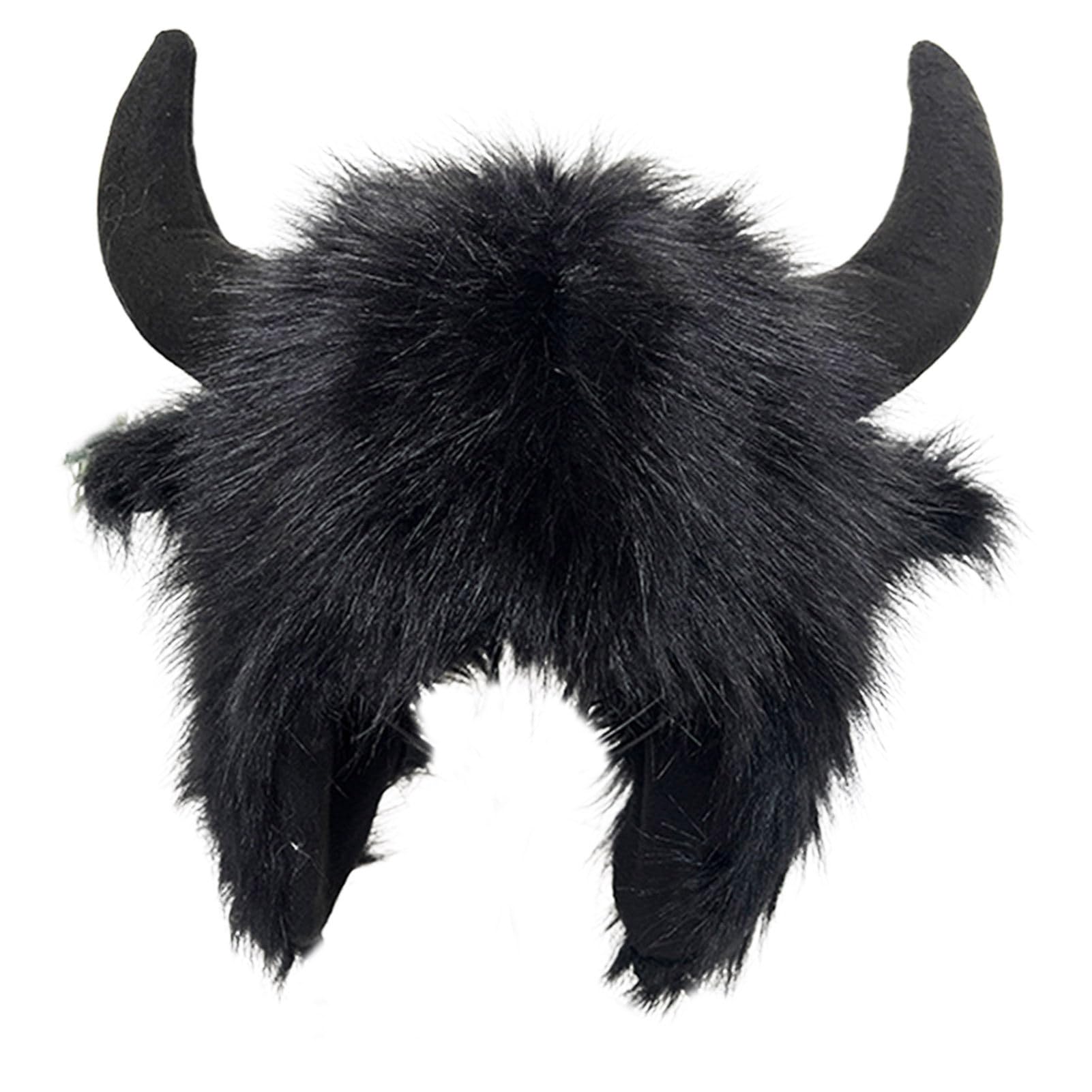 Porceosy Fake Cow Horn Decor Funny Hat Winter Funny Hat Fake Cow Horn Decor Thunderbolt Thick Warm Faux Fur Ear Protection Personality Unisex Windproof Fluffy Photo Personalized Fluffy Hat