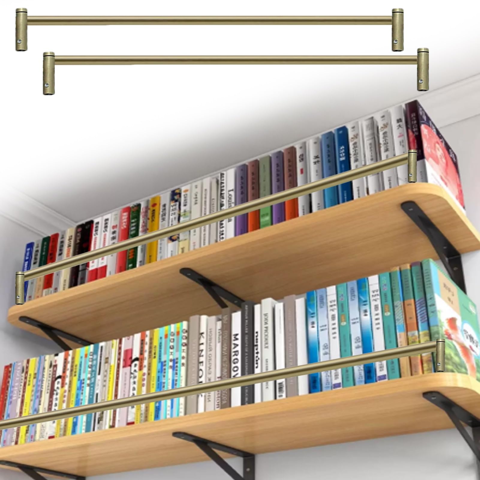 Minglez One Color Anti Tipping Rails For Shelves Antique Brushed Gold, 2 Pack Shelf Rail 24 12 10 16 36 48 30 Inch Long, Aluminum Gallery Railing Kit For Bookshelves(87Inch/221Cm)