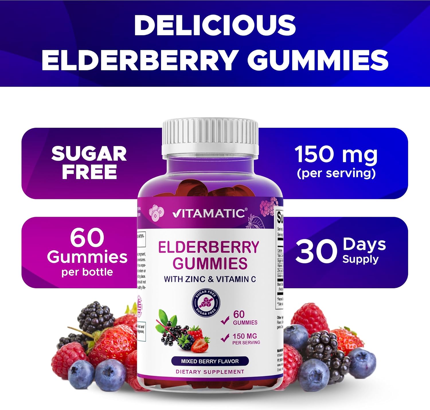 Vitamatic Elderberry Gummies with Vitamin C & Zinc – Immune Support Supplement – Mixed Berry Flavor– 60 Gummies – Made in The USA, Vegan, Non-GMO, Gluten-Free - 2 Pack