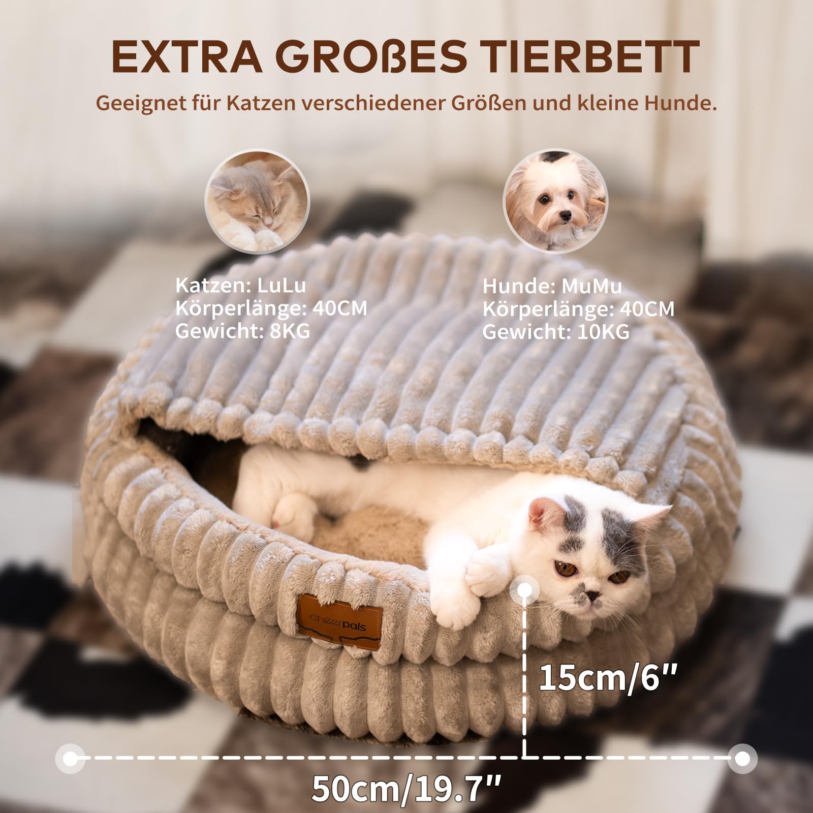 CheerPals Panier Chat avec Couvercle, Lit pour Chat Forme Grotte Épais (1,41 KG), Coussin Douillet avec Toit, Niche Intérieure pour Cachette et Sommeil, 50x50x15 cm