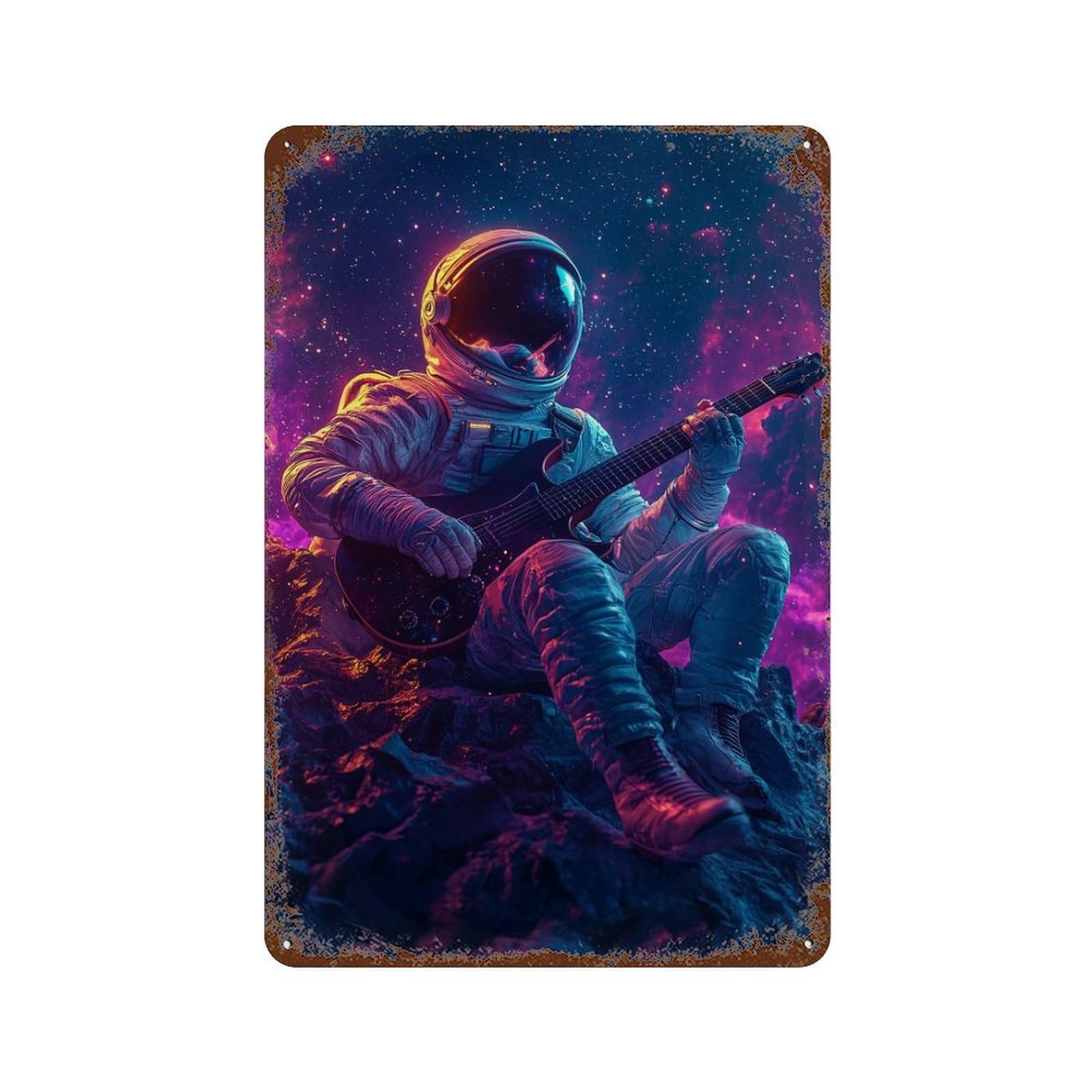 Rust Effect Astronaut Playing Guitar in Space-5 Distressed Metal Wall Sign 11.8"x7.9", Farmhouse Wall Decor for Office, Studio And Wall Decor