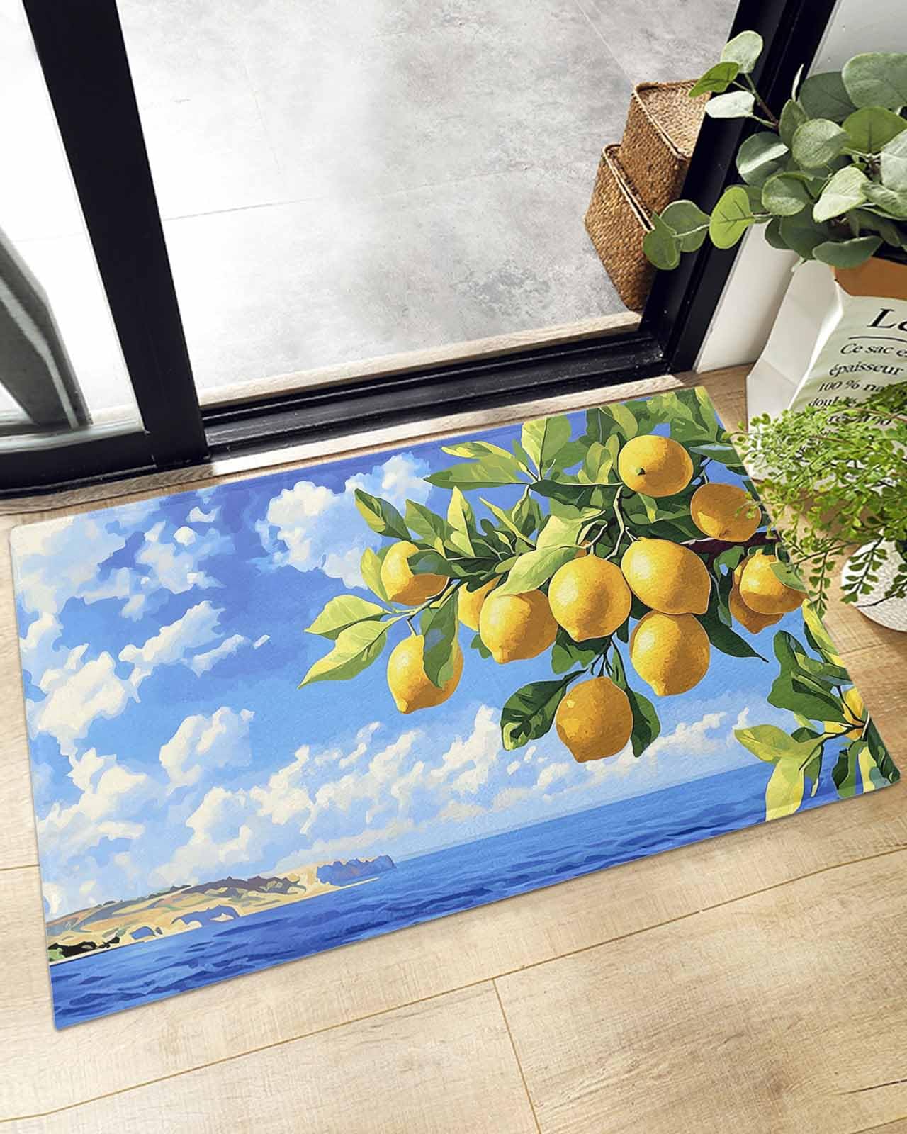 Indoor Doormat Summer Ocean Lemon Fruit Tree,Shaggy Floor Mat with Non-Skid Backing Blue Sky Sea Surface Landscape,Machine Washable Plush Area Rug Carpets for Kitchen Nursery Bedroom