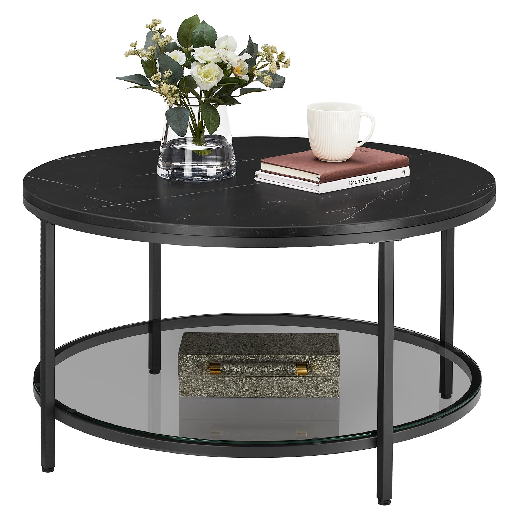 VASAGLE Couchtisch, Wohnzimmertisch, Sofatisch, für Wohnzimmer, mit Glasplatte, viel Stauraum, einfacher Aufbau, moderner Stil, marmorschwarz-tintenschwarz LCT071B58