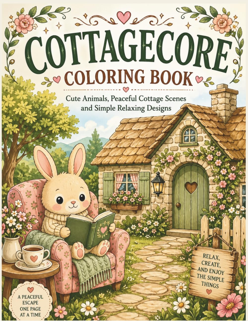 Cottagecore Coloring Book for Adults and Teens: Cute Animals, Peaceful Cottage Scenes and Simple Relaxing Designs
