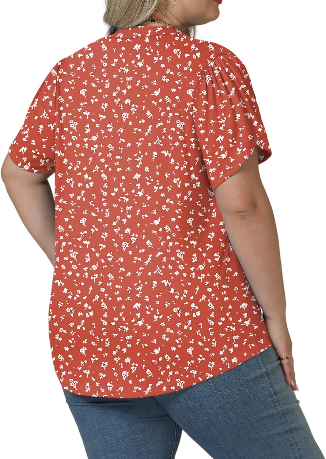 VISLILY Plus-Size-Summer-Tops for Women Dressy V Neck T Shirts Trendy Petal Short Sleeve Tunics Casual Pleated Blouses 1X-5X - Image 2