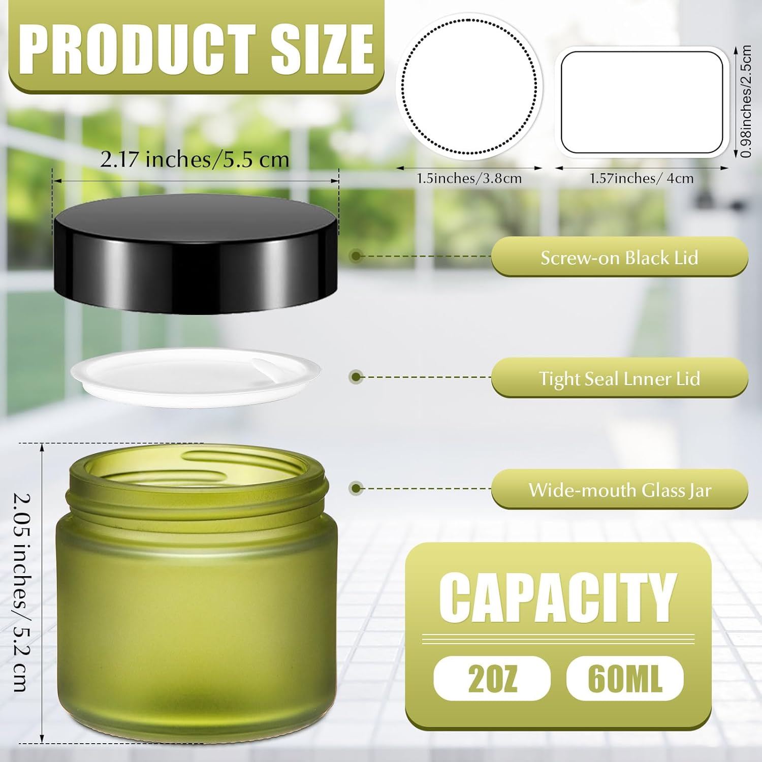 Layhit 60 Pcs 2 oz Glass Jars with Lids Bulk, Small Jars Containers Travel Storage Jar with Inner Liners Labels for Candle Scrubs, Lotions, Cream, Lip Balm (Green,Black Lid) Black, Green 60
