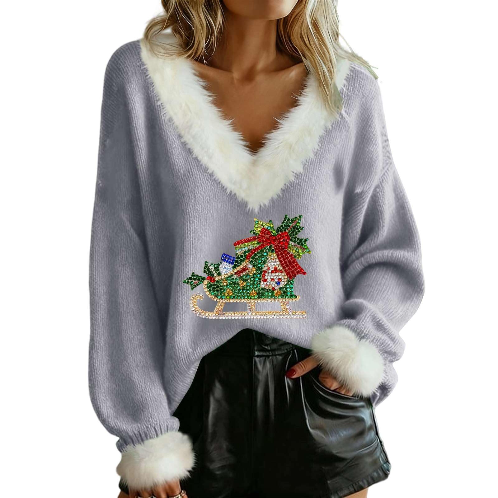 Womens Christmas Sweater Fur Trim Attire Christmas Pullover Fall Winter Holiday Outfits Couples Casual Festive Top