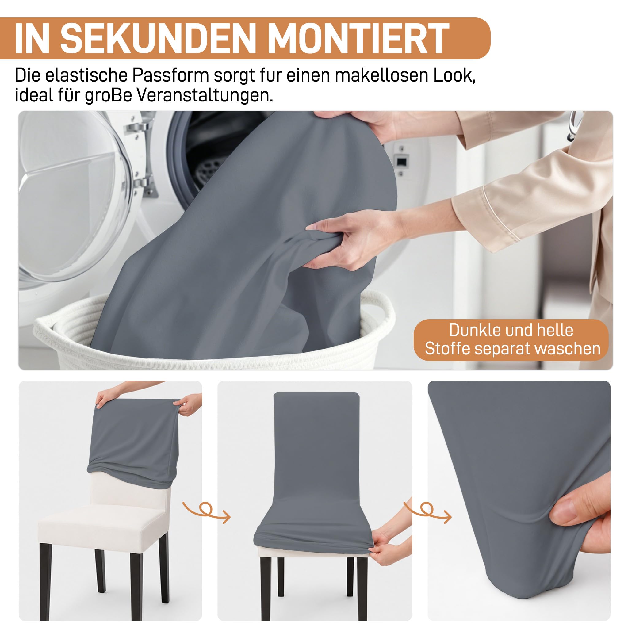 AufuN Stuhlhussen Stretch 50 Stück Elastische Stuhlbezüge für Bankettstühle ohne Armlehne Universell Moderne Stuhl Husse Abnehmbarer Waschbarer, Ideal für Hochzeit, Party, Gastronomie, Grau