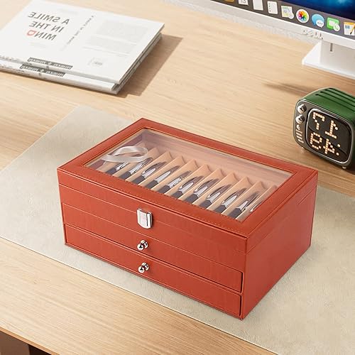 Miniatura 5 de Caja organizadora de bolígrafos de franela de cuero negro de 36 piezas, caja organizadora de bolígrafos de vidrio con tapa, vitrina de cristal