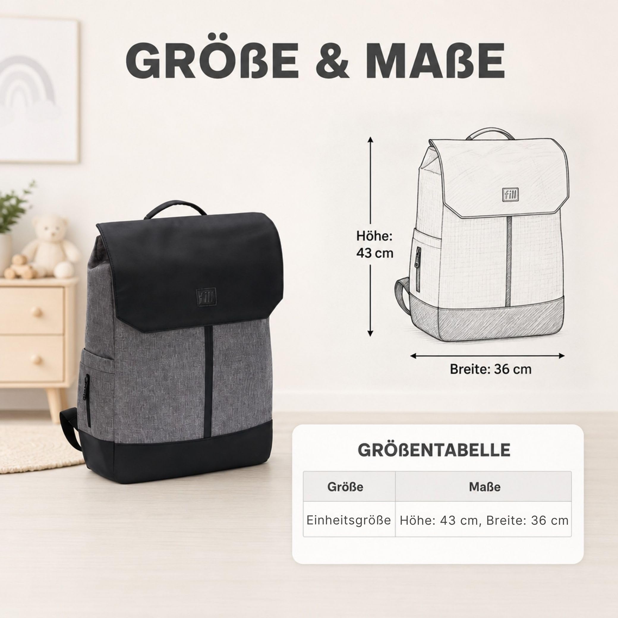 FILL Baby Wickelrucksack Exklusiv | Grosse Wickeltasche Mama Rucksack mit Flaschenwärmer und Wickelunterlage | Babyreisetasche Reisetasche für Unterwegs | Multifunktionale Babytasche