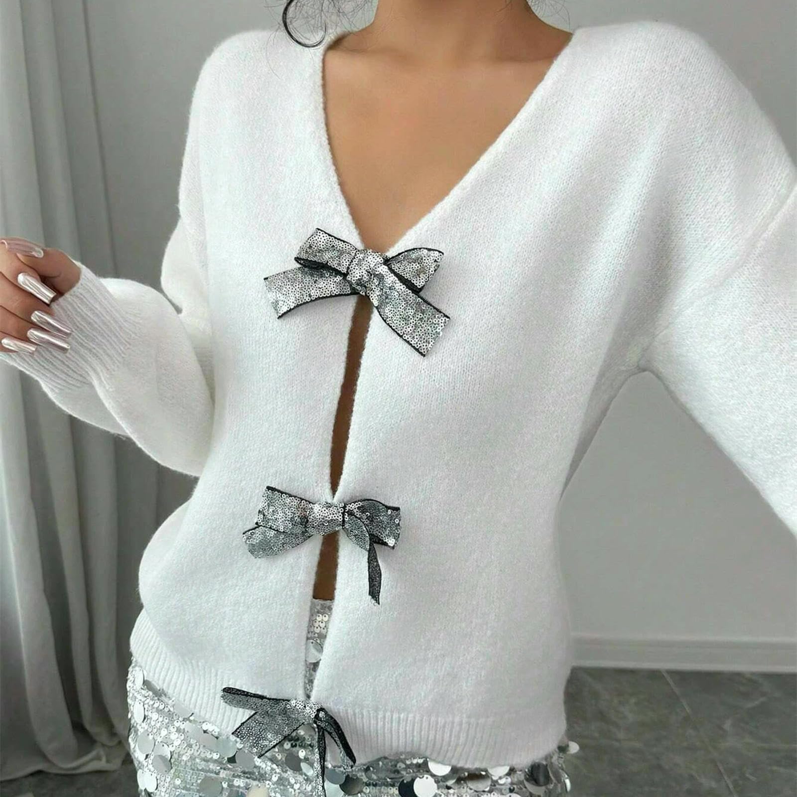 CHENSHI Maglione Donna Cardigan in Maglia di Nicchia A Maniche Lunghe Sciolto con Fiocco Paillettes Autunno E Inverno Nuova Moda Maglione-Bianco-s