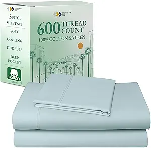 California Design Den Luxury Twin Sheet Set - 100% Cotton, 600 Thread Count Deep Pocket Twin Sheets, Soft Hotel-Quality Bedding with Sateen Weave - Seafoam