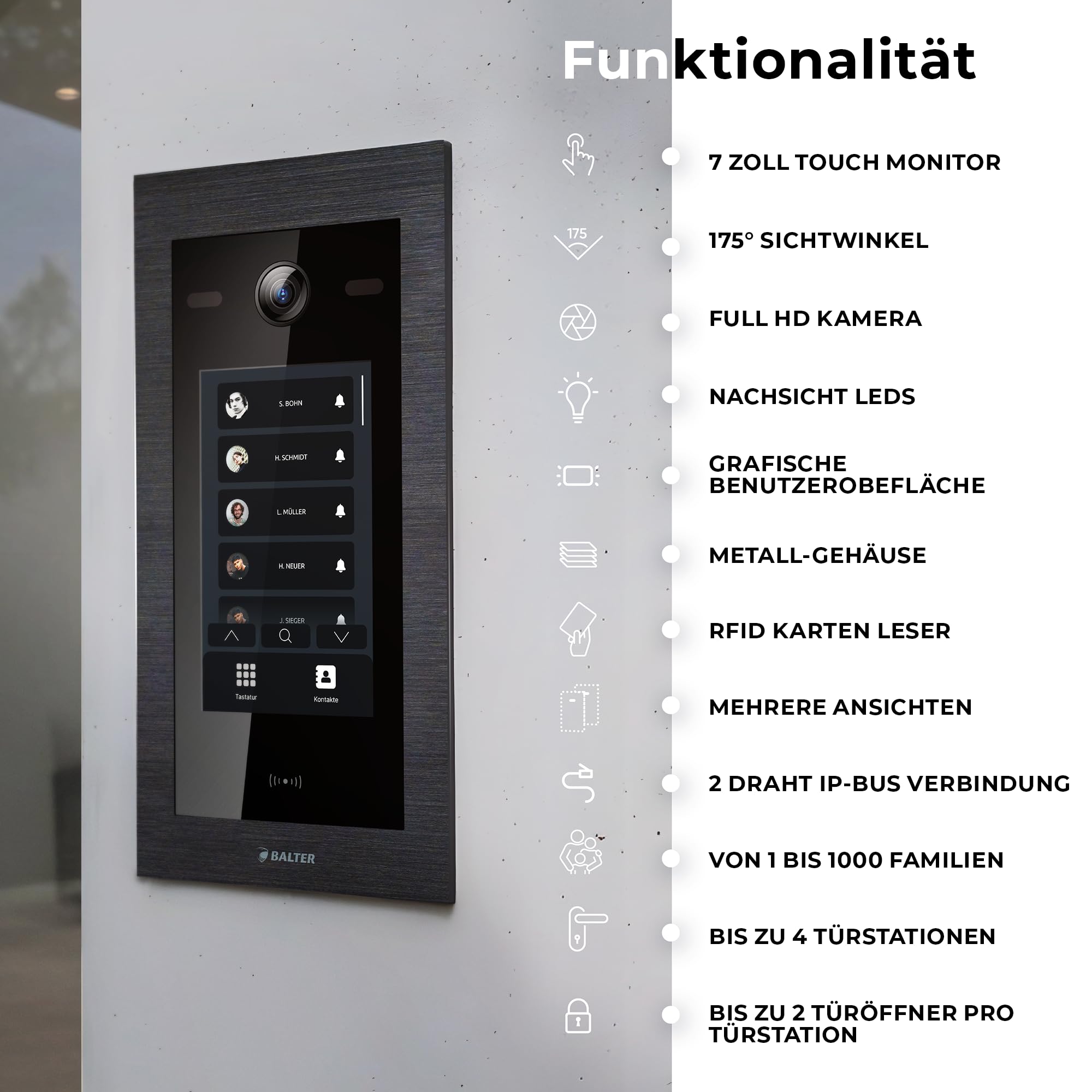 Balter EVO-HD Video Türsprechanlage mit Touchscreen Türstation, Video Türklingel, Smartphone App, 1 Familienhaus, 2X 7 Zoll Monitore, Türklingel mit Kamera Full HD, 2 Draht Bus, 175° Weitwinkel, RFID