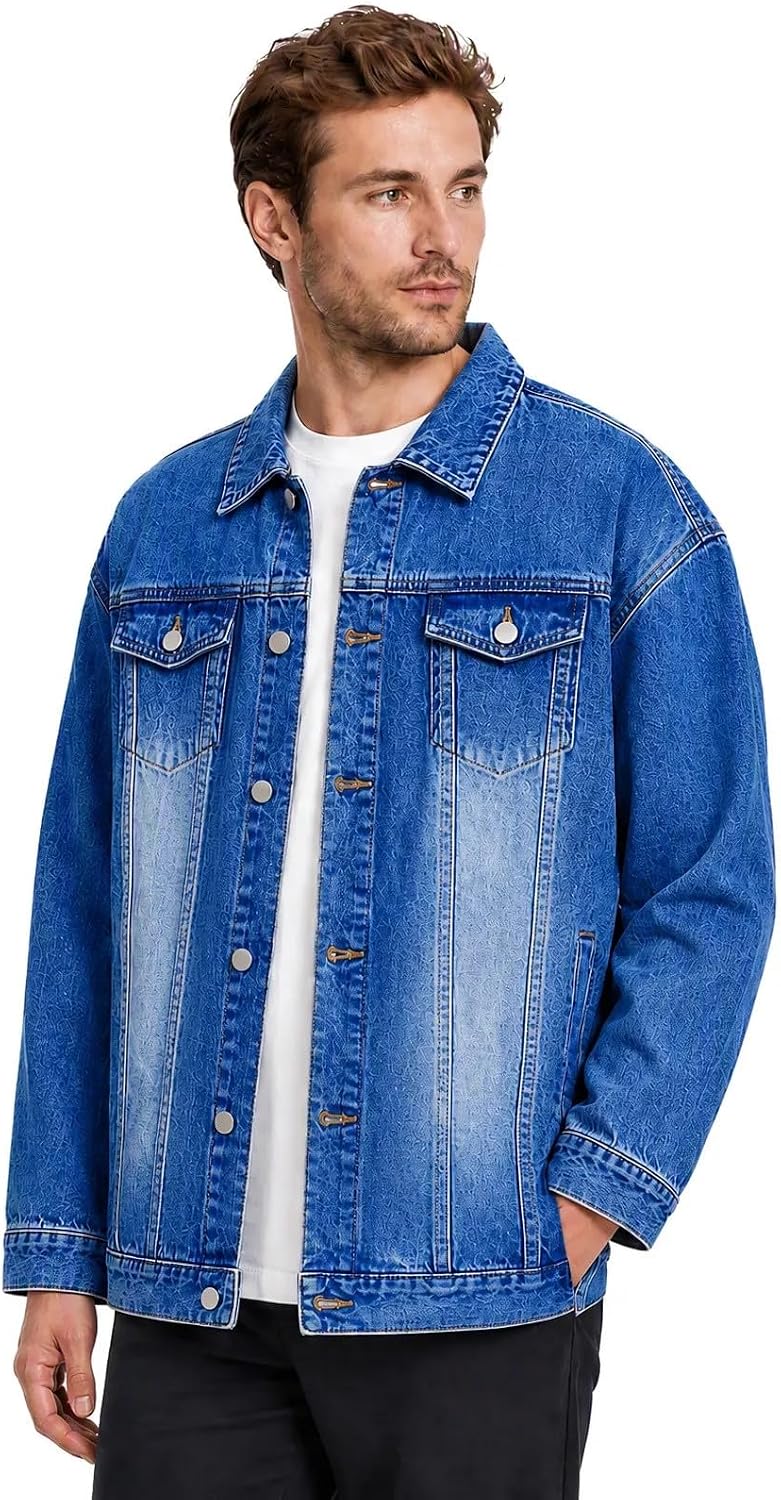 Men's Button Front Denim Jacket Collared Retro Loose Trucker Coat