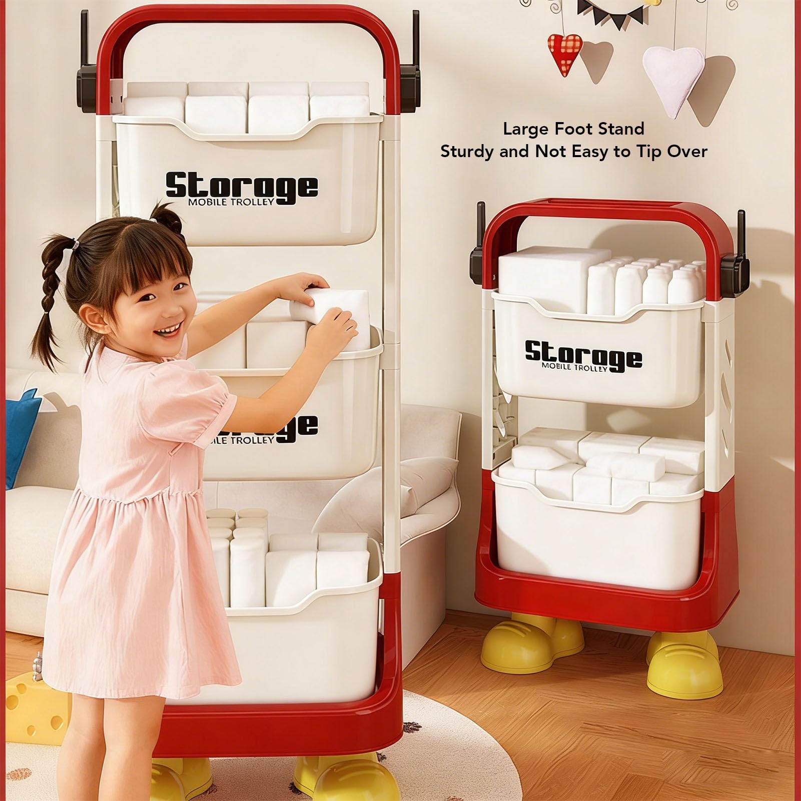Aramox Carrello Multiuso con Ruote, Simpatico Organizer per Giocattoli e Snack a più Livelli per Casa, Ufficio e Garage con Piedini a Forma di Cartone Animato (2 livelli)