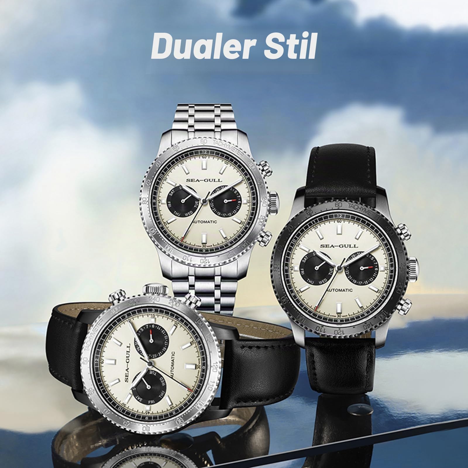 SEA-GULL Mechanische Herrenuhren, GMT Dual-Kalender, Panda-Auge, automatische Armbanduhr, Möwe ST2502, Tachymeter, leuchtend, 6177