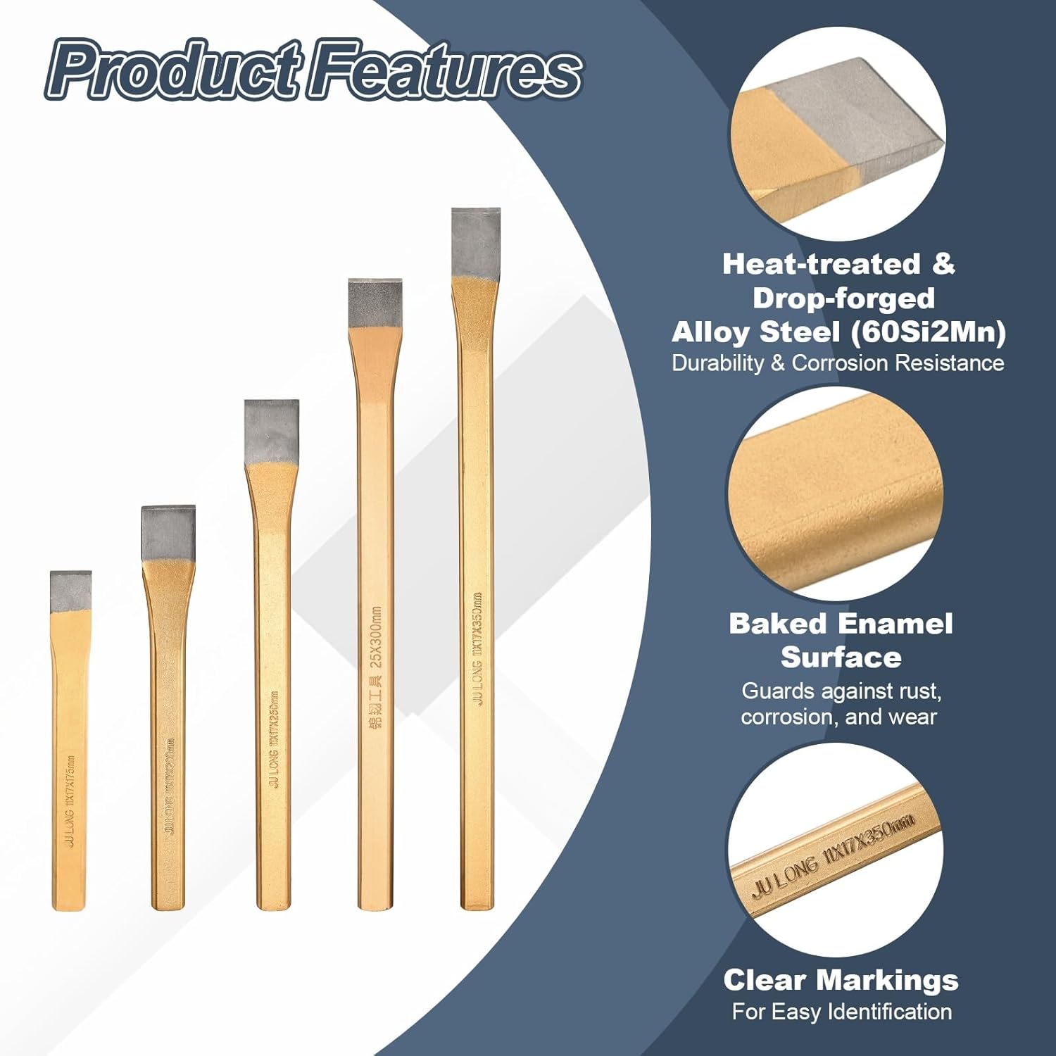 HARFINGTON 5pcs Cold Chisel 2/3" Wide 7+8+10+12+14" Long Alloy Steel High Hardness Heat Treated Heavy Duty Flat Cold Chisel for Cutting Rivets Iron Steel Bronze Copper Rods Bolts, Gold Gray