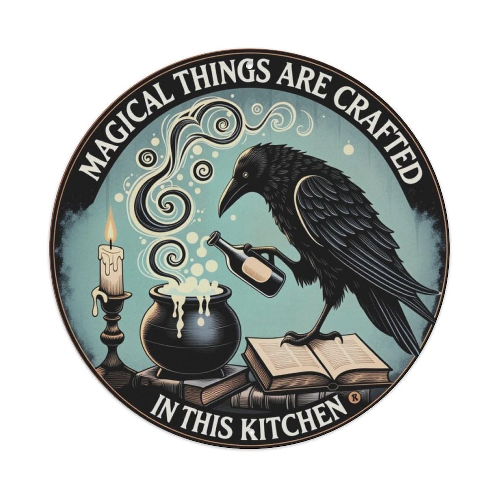Fantasy Crow Magical Kitchen Vintage Round Decor Sign Vintage Aluminium Metal Sign, Retro Wall Decor for Home, Bar, Garage & Farmhouse 20x20cm