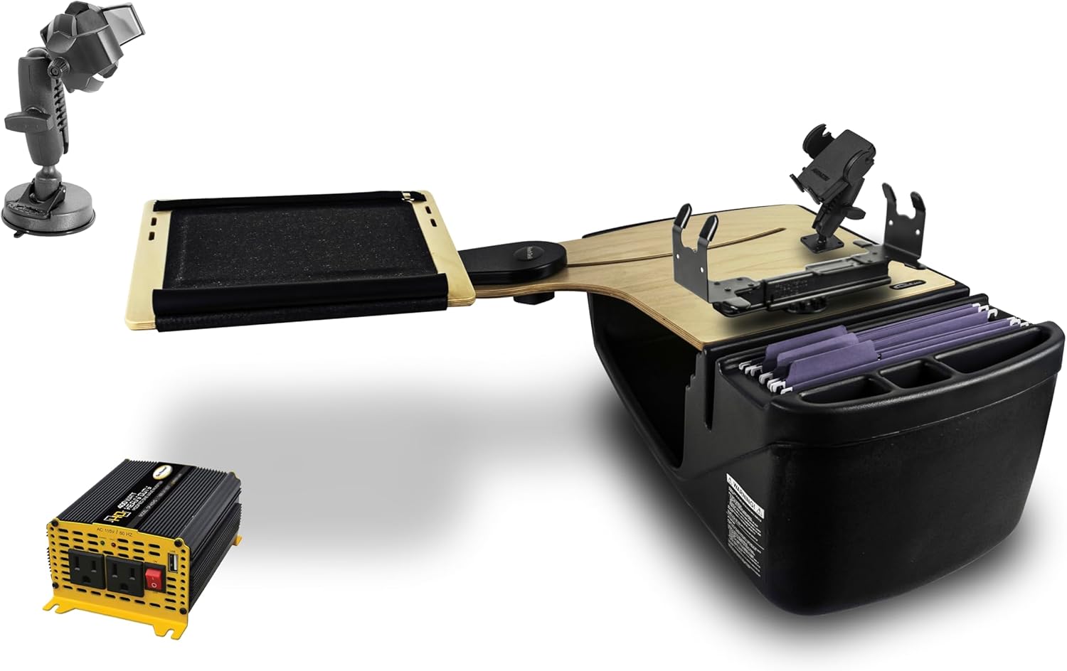 AutoExec Reach Desk Back Seat Car Desk for Your Vehicle Workstation and Mobile Office, Birch, with 400 watt Power Inverter, Phone Mount, Printer Stand and Suction Phone Mount