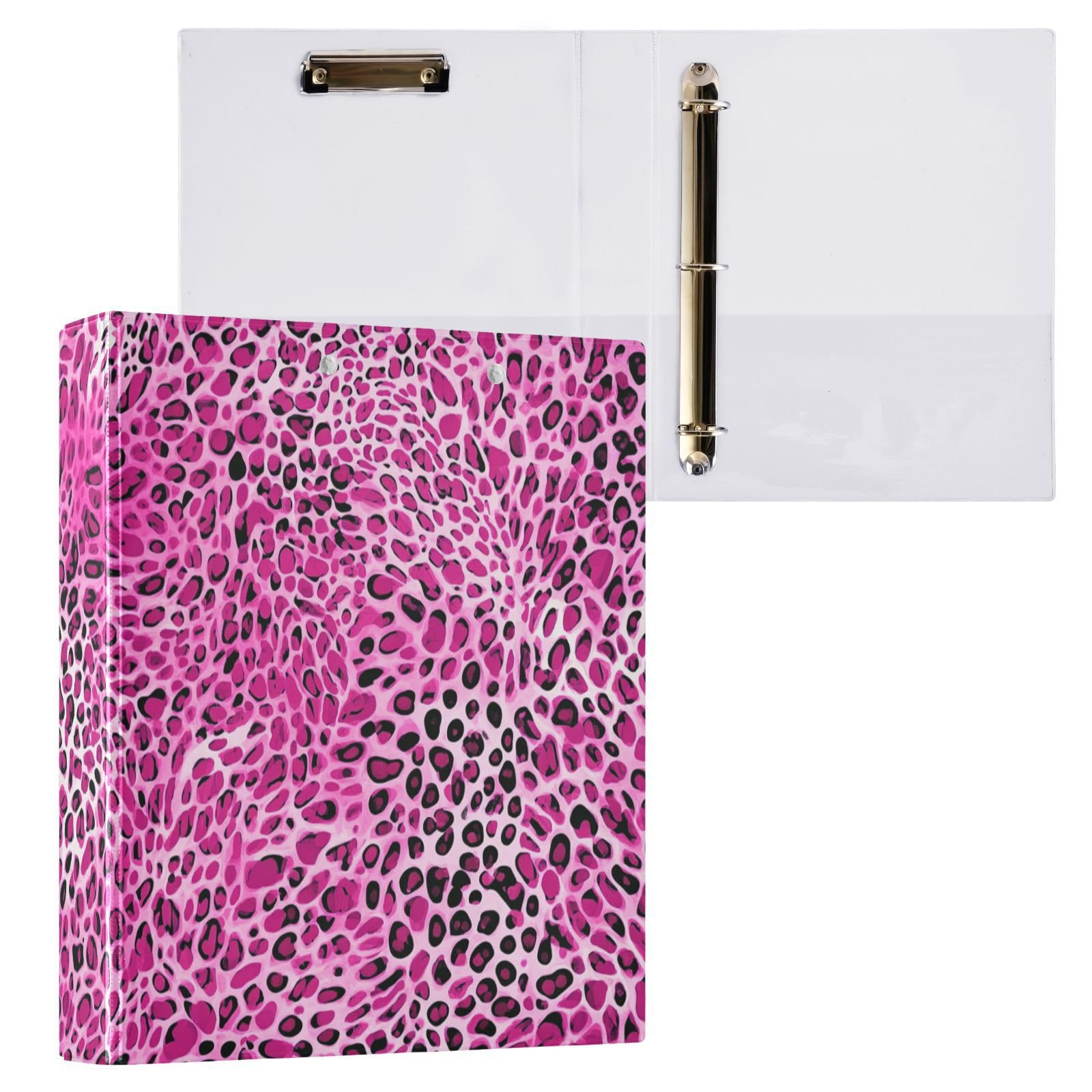 Vuiyean Hot Pink Leopard Print Animal Skin Binder 1.5 Inch Binder with Clipboard&Pockets, Hardcover Binders 3 Ring, Heavy Duty Large File Folder for
