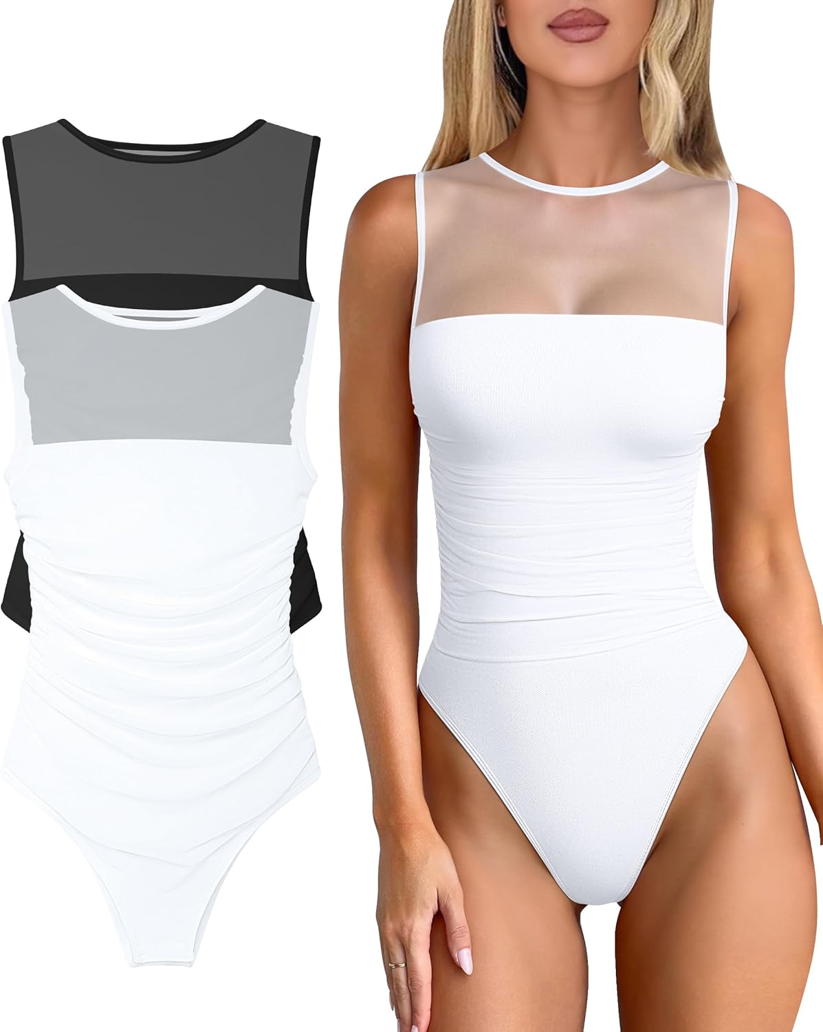OQQ Women 2 Piece Bodysuit Mesh Ruched Sleeveless Turtle Neck Shapewear Body Suits One Piece Leotard Shirt Going Out Tops