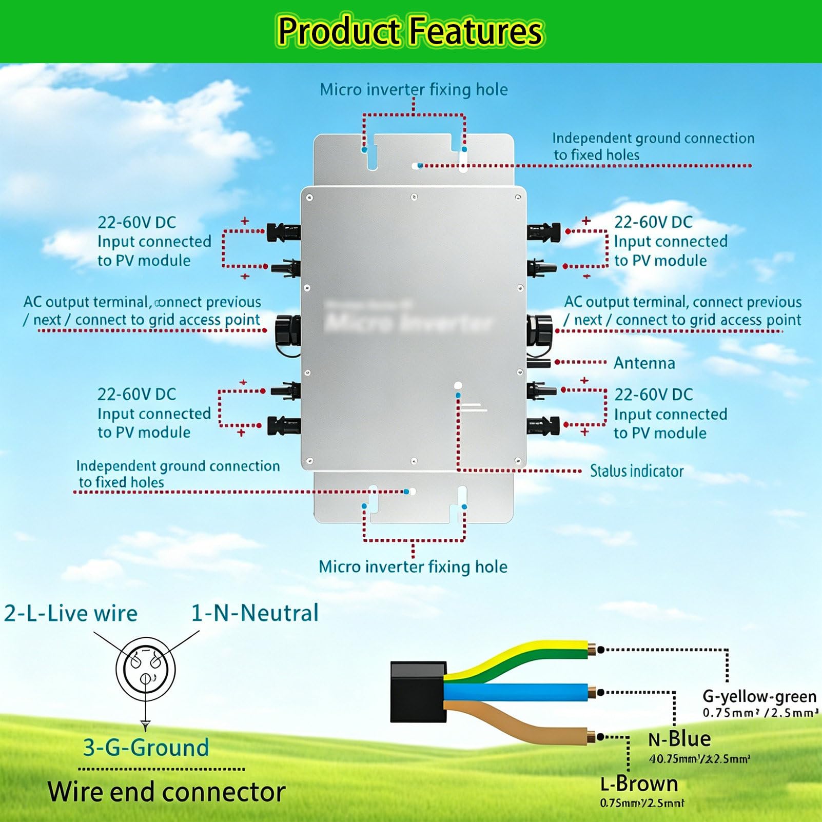 Mikroinwerter Solarny Mppt O Mocy 300 W/350 W/400 W/600 W/700 W/800 W/1200 W/1400 W/1600 W, Mikroinwerter, Stopień Ochrony Ip65, Do UżYtku Domowego I Komercyjnego 600W