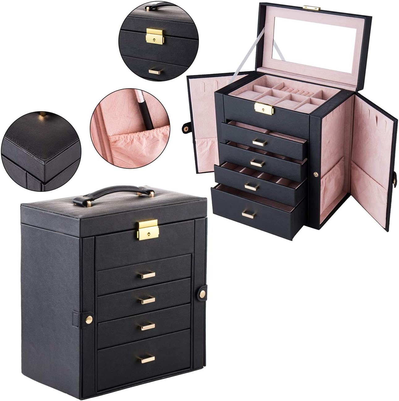 Synthetic Leather Huge Jewelry Box Mirrored Watch Organizer Necklace Ring Earring Storage Lockable Gift Case Black Vintage Jewelry Organizer Jewelry Boxes Delicate Gifts for Women MITPATY