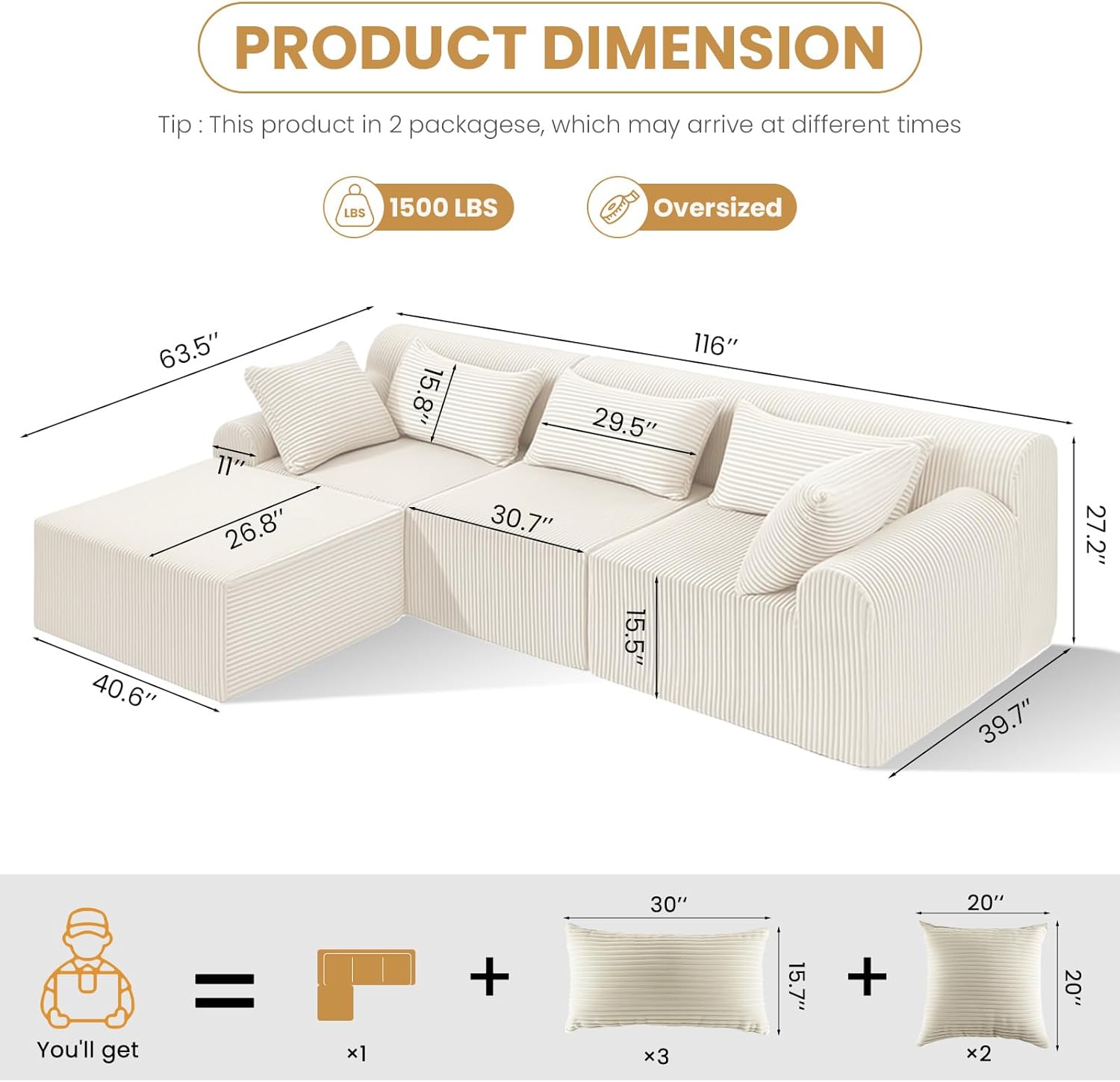 116” Boneless Couches for Living Room, L Shaped Modular Sectional Sofa with Deep Seat, Corduroy Cloud Sectional Couch with Removable Ottoman,No Assembly Required, Beige