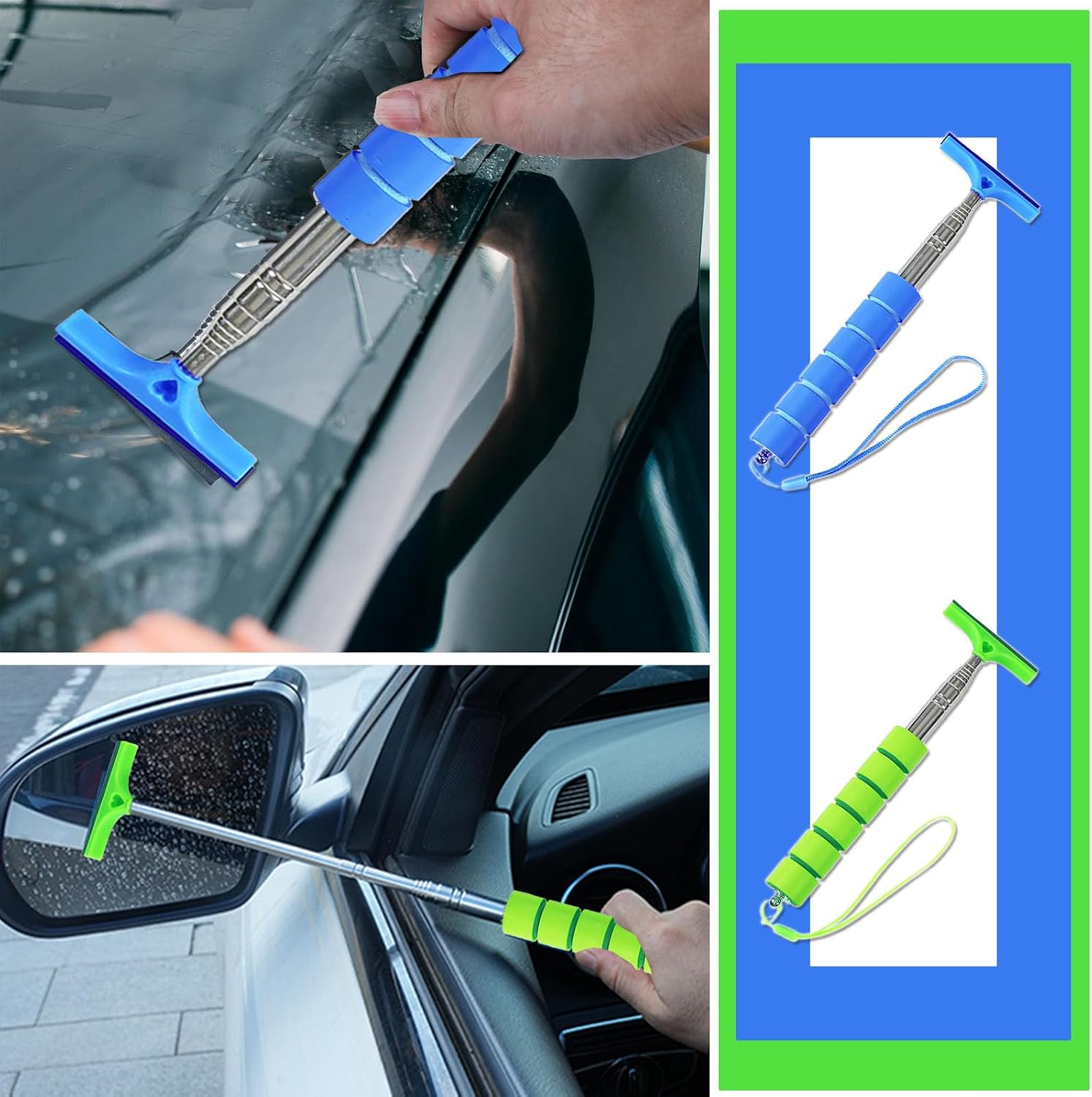 2 Pack Car Side Mirror Squeegee Retractable Auto Mirror Wiper,Mini Squeegee for Car Windows Cleaning,Stretch Up to 98cm/38 inch Long (Blue+Green)