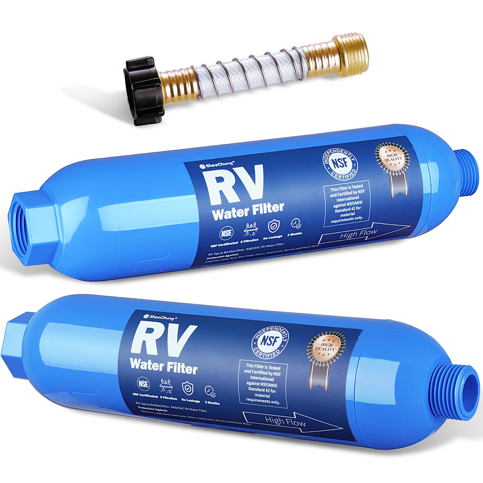 Photo 1 of ***MISSING ONE FILTER****SheeChung RV Water Filter 2Pack with Flexible Hose Protector, NSF Certified, Inline Hose Water Filter for RV, Boat, Campsite – Reduces Odors, Bad Taste, Chlorine, Rust