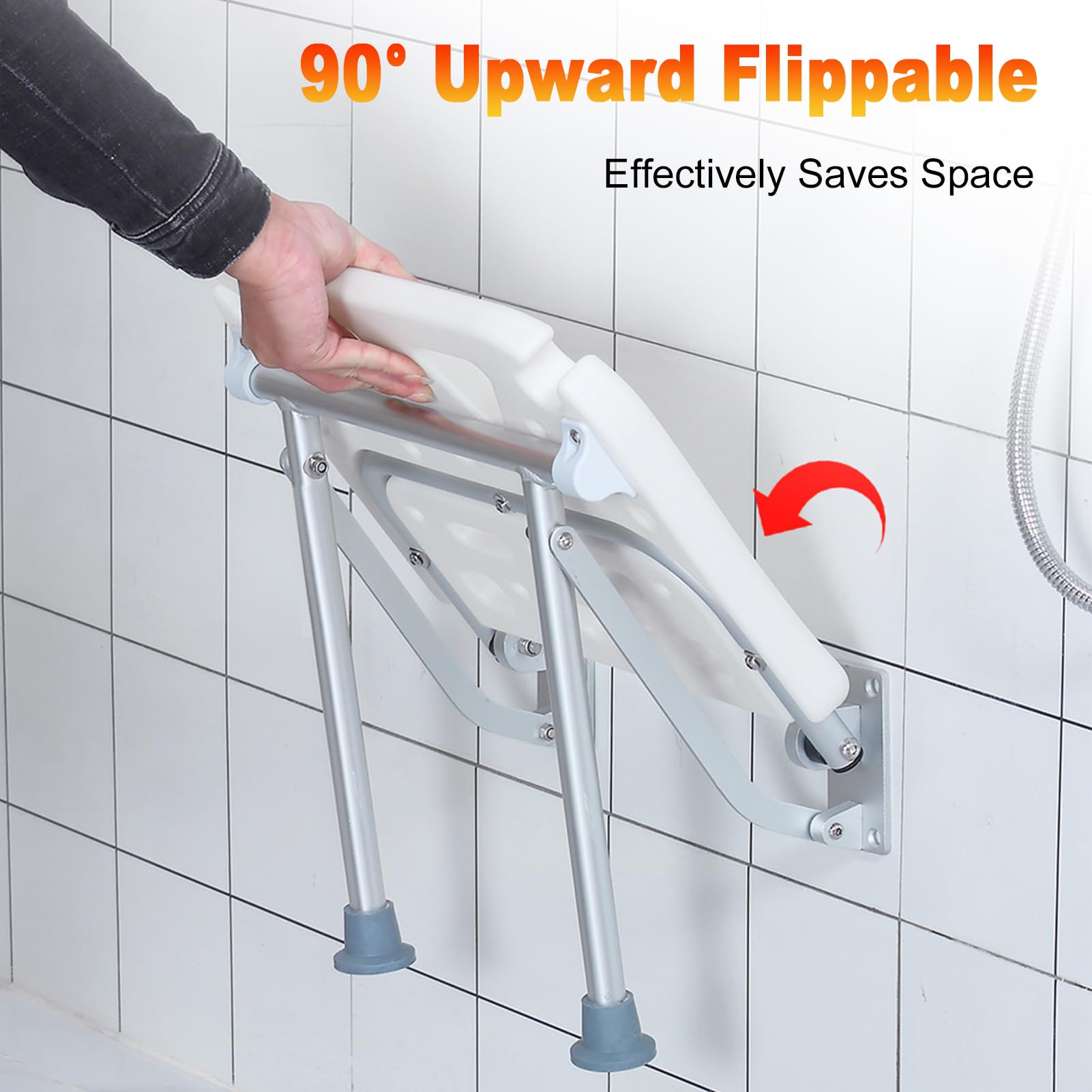 Jectse Sedile per Doccia Pieghevole, Sedia per Doccia a Parete Regolabile in Altezza con Regolazione in Altezza su 5 Livelli 42 X 53 Cm e Fessure per Soffione, per Anziani