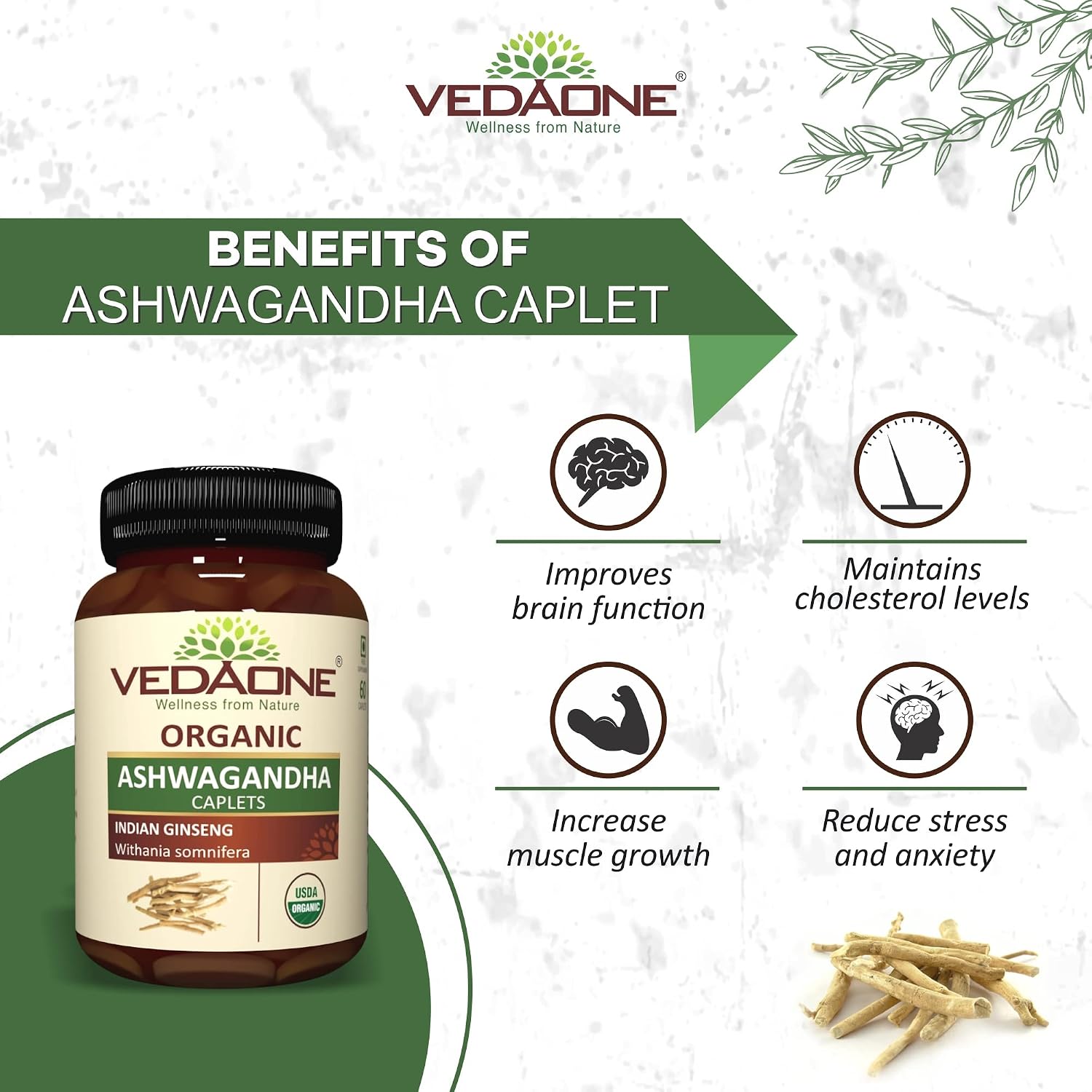 VEDAONE Organic Ashwagandha Caplet - 750mg Each 60 Caplets (1 Month Supply)