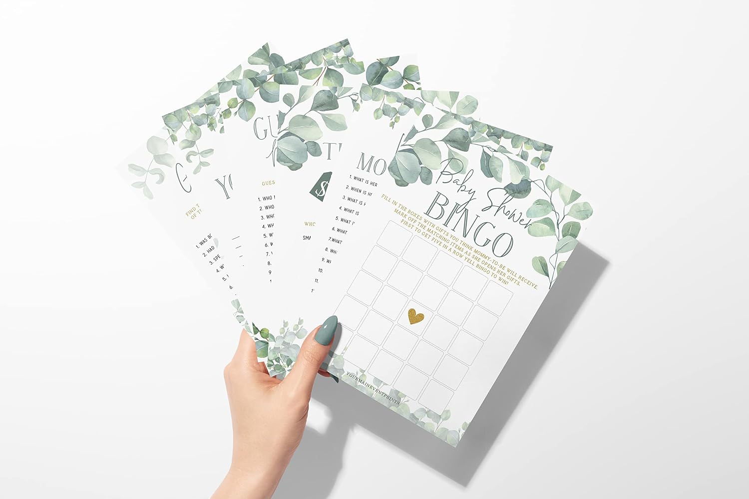 Your Main Event Prints Baby Shower Games (Set of 6 Fun Activities for 25 Guests), Neutral Greenery Floral Eucalyptus Theme for Boy or Girl