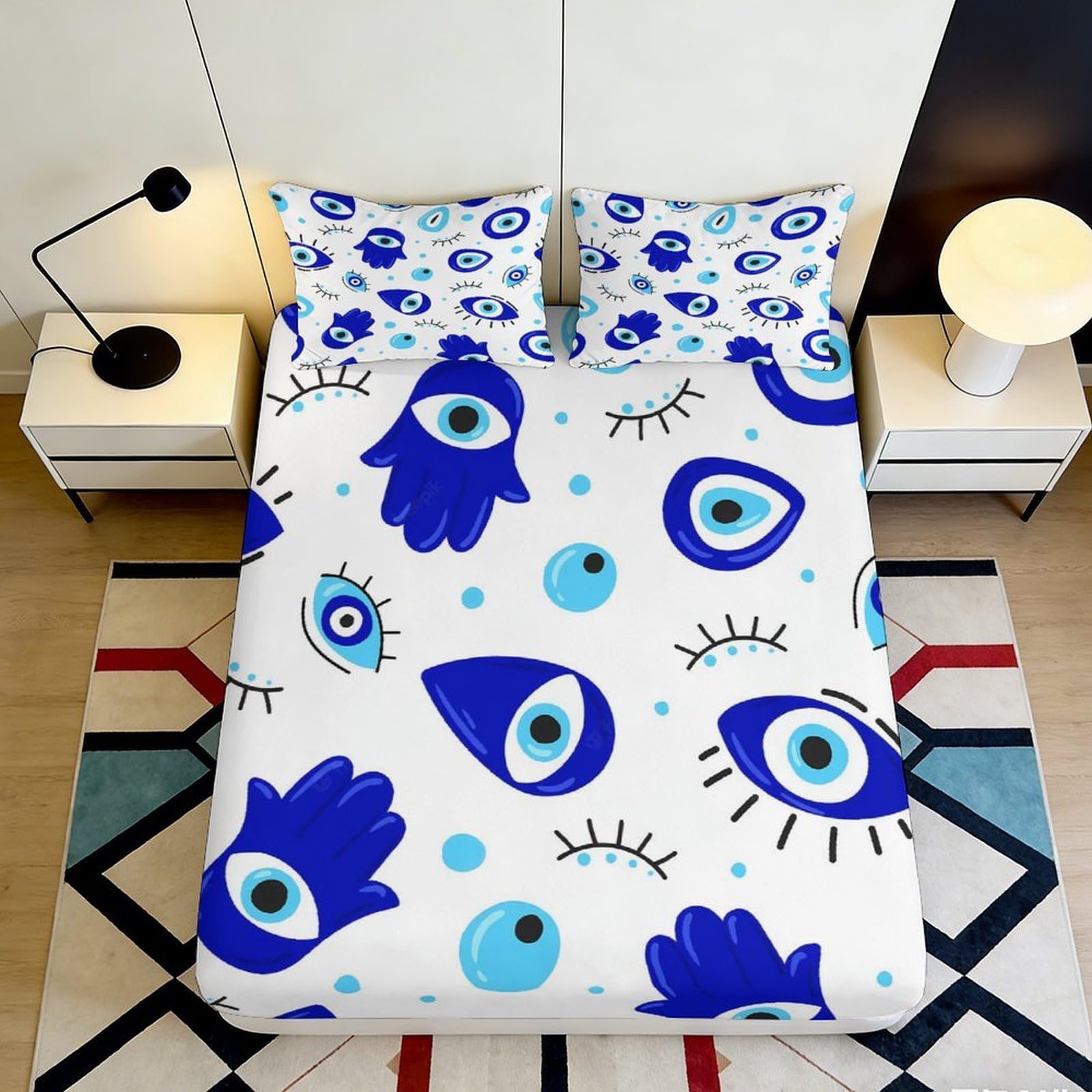 3D Printed Evil Eye Fitted Sheet Microfiber Soft Breathable Hamsa Hand Bed Cover for Bedroom Dorm Mattress Protection Decor 90x200x25cm