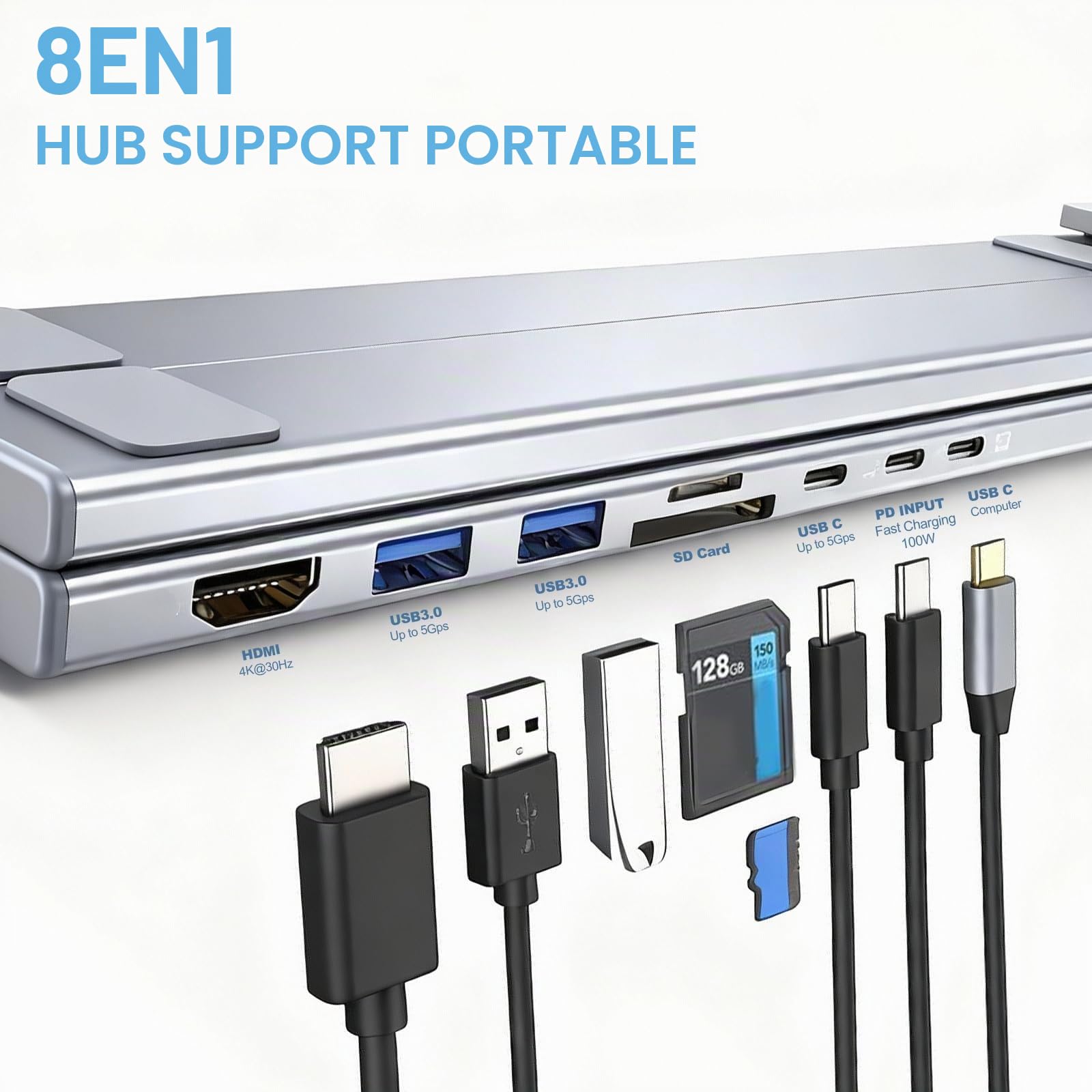 Support pour ordinateur portable 8 en 1 USB-C - En aluminium - Avec station d'accueil USB C 8 en 1 - Double support pliable avec 9 angles réglables - Avec HDMI 4K @ 30 Hz, USB 3.0, PD 100 W - Pour la