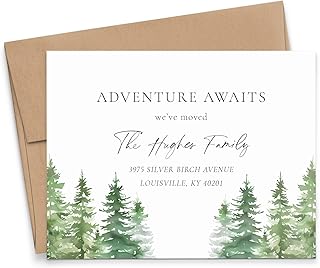 Custom Moving Announcement Card With Trees, Personalized Change Of Address Nature Themed Notecards With Envelopes, Adventure Awaits Cards For Mailing, Your Choice of Colors And Quantity