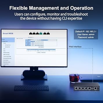 6 Port 10G Switch, 4 x 2.5G RJ-45 Base-T Ports, 2 x 10G RJ-45 Ports, Web Managed/Unmanaged, Metal Fanless Managed Multi-Gigabit Desktop/Wallmount Binardat Network Switch