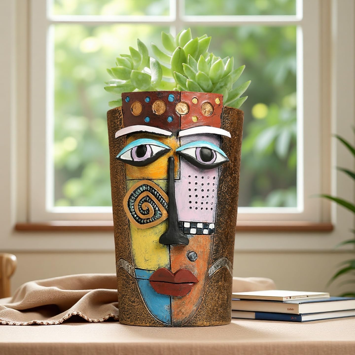 Picasso Abstract Face Flower Pot,Plant Pot with Facial Expressions,Handmade Resin Plant Pot with Drainage Holes,for Indoor and Outdoor Botanical Home décor (Brown Large)