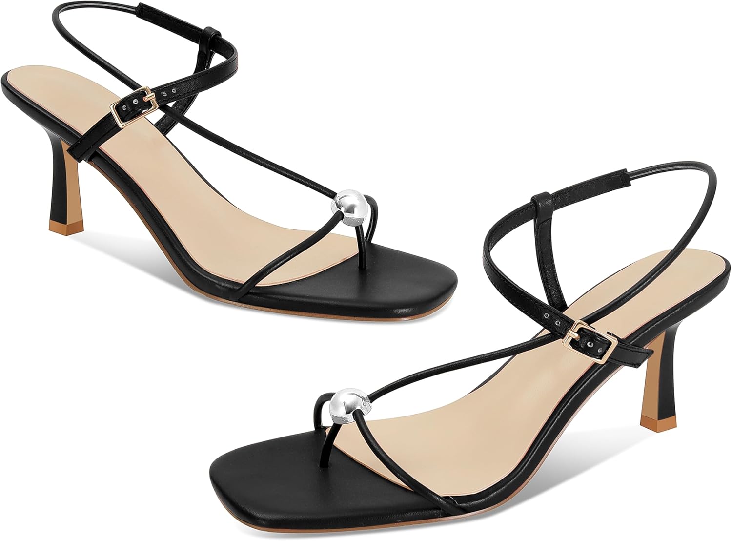 Black Strappy Heels for Women Open Square Toe Slingback Kitten Heeled Sandals Dressy Beach Thong Flip Flop Slides Sandals - Image 7