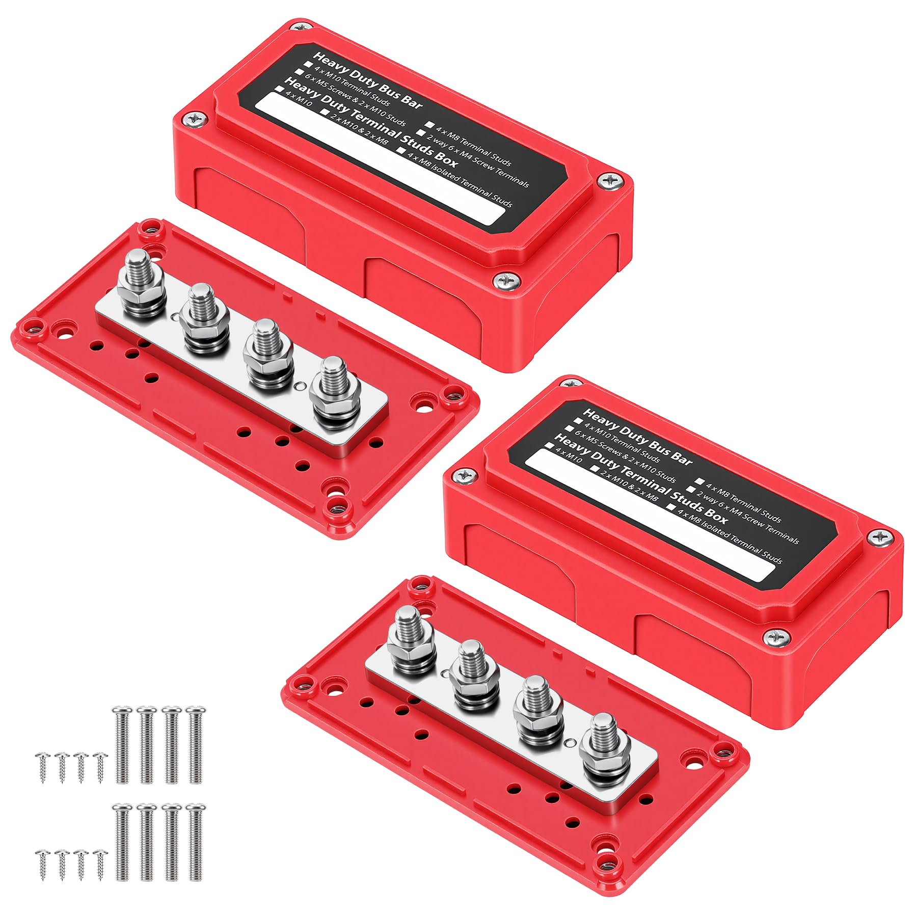 12-48V Busbar Bornier, 300A Barre De Bus Blocs De Distribution, Heavy Duty 4x M8 Borne Batterie Bus Bar Pour Voiture, Bateau, Camion, Solaire, Rouge 2 Paquets