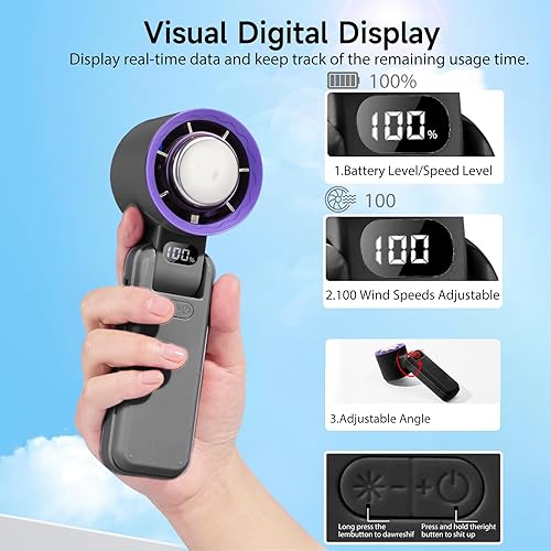 Miniatura 6 de Ventilador de mano portátil con enfriador de hielo - Ventiladores turbo de 13000 rpm, mini ventilador personal recargable 3 en 1, 100 velocidades